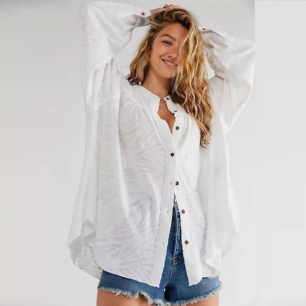 Free People Can’t Stop Dreaming Tunic Top Button Front White Size Small